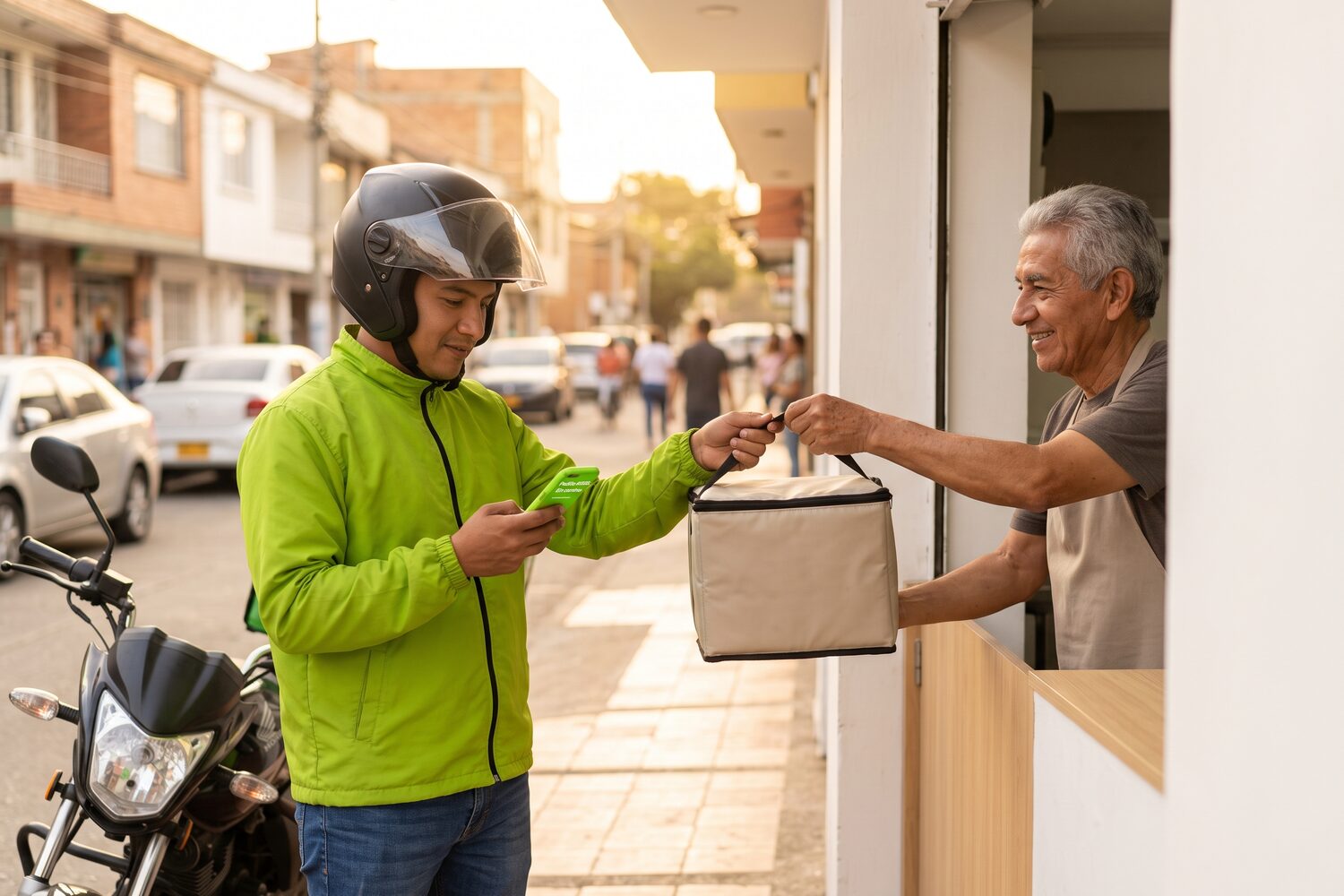 Repartidor recibiendo el pedido con la app de domicilios Henko
