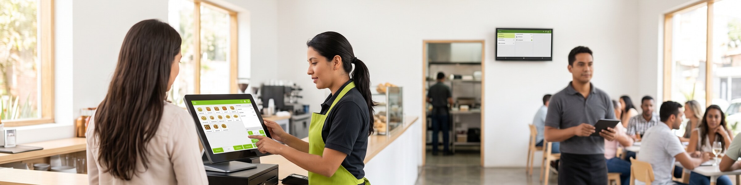 Equipo de un restaurante operando el ecosistema Henko: cajera en el POS, mesero con tablet y pantalla de cocina al fondo