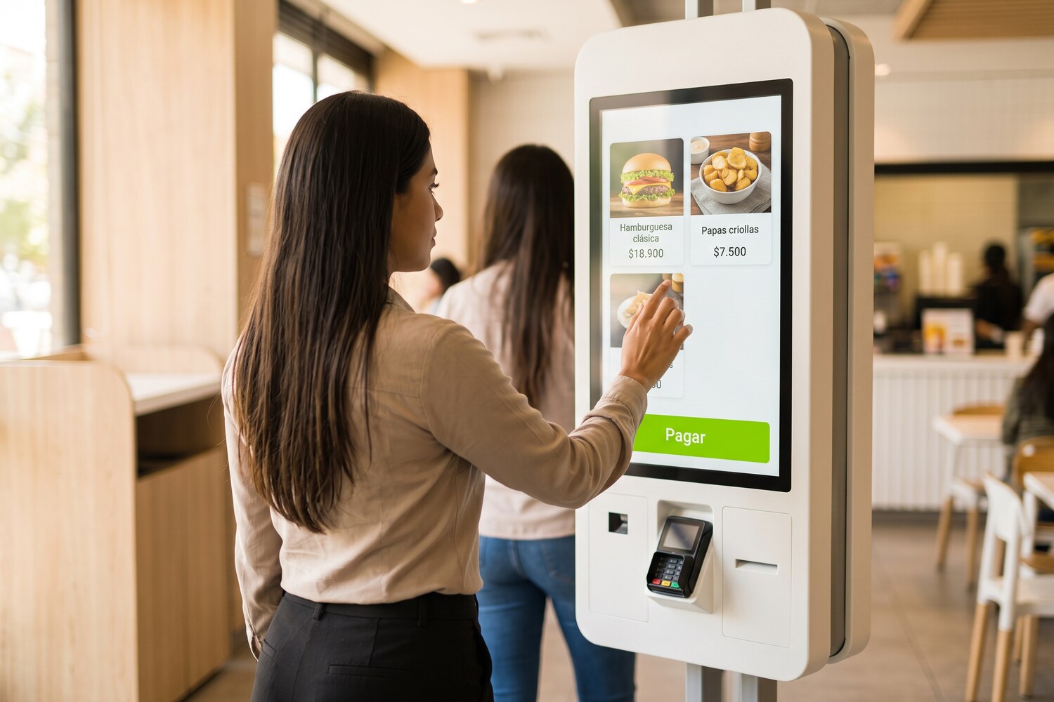 Cliente ordenando en el kiosco de autoservicio táctil Henko