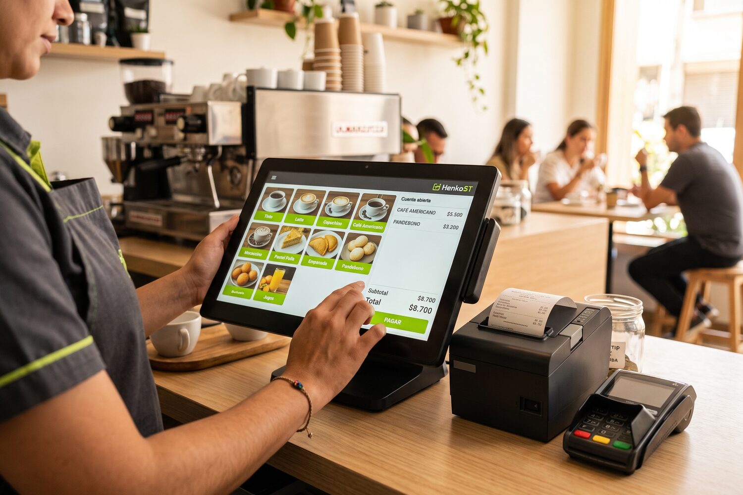Cajera cobrando en el POS HenkoST en el mostrador de una cafetería