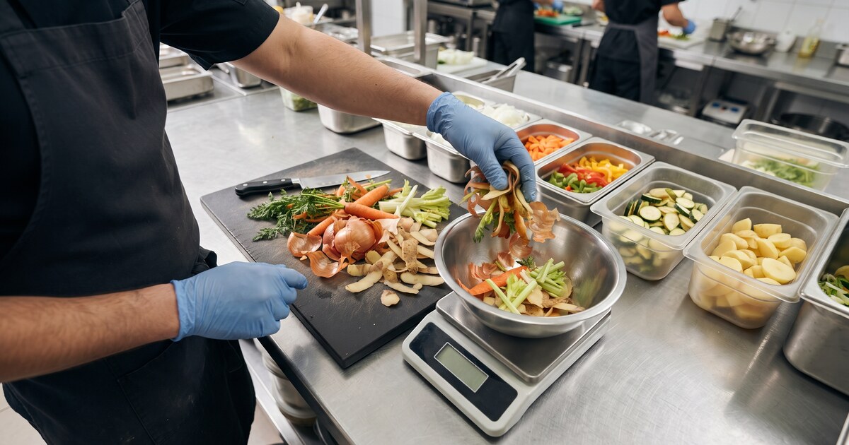 Un cocinero vacía los recortes de un mise en place en un recipiente puesto sobre una báscula