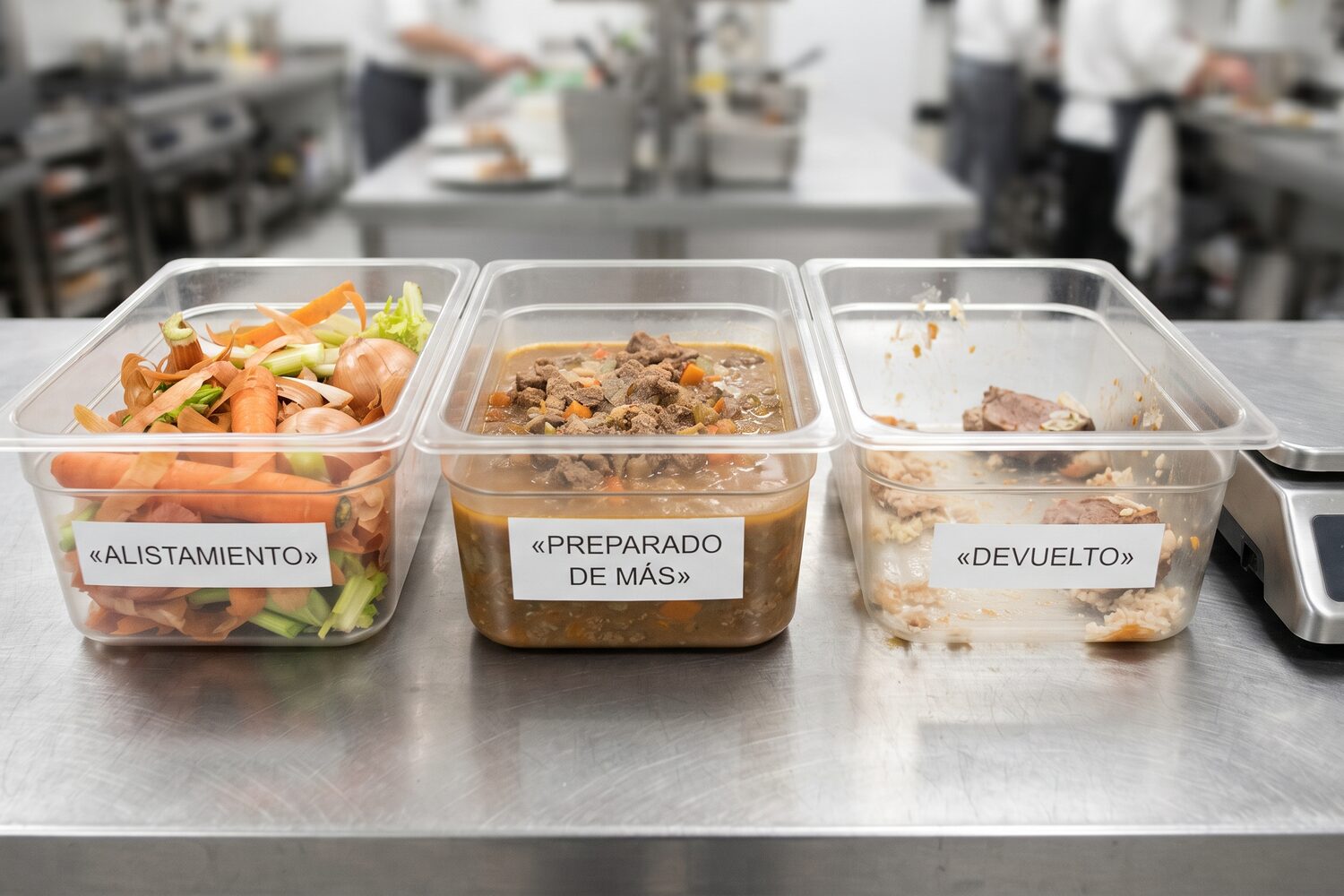Tres recipientes rotulados sobre el mesón: alistamiento, preparado de más y devuelto, junto a una báscula
