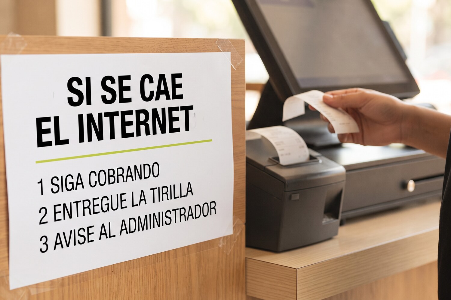 Una hoja pegada junto a la caja con el título «Si se cae el internet» y tres pasos numerados