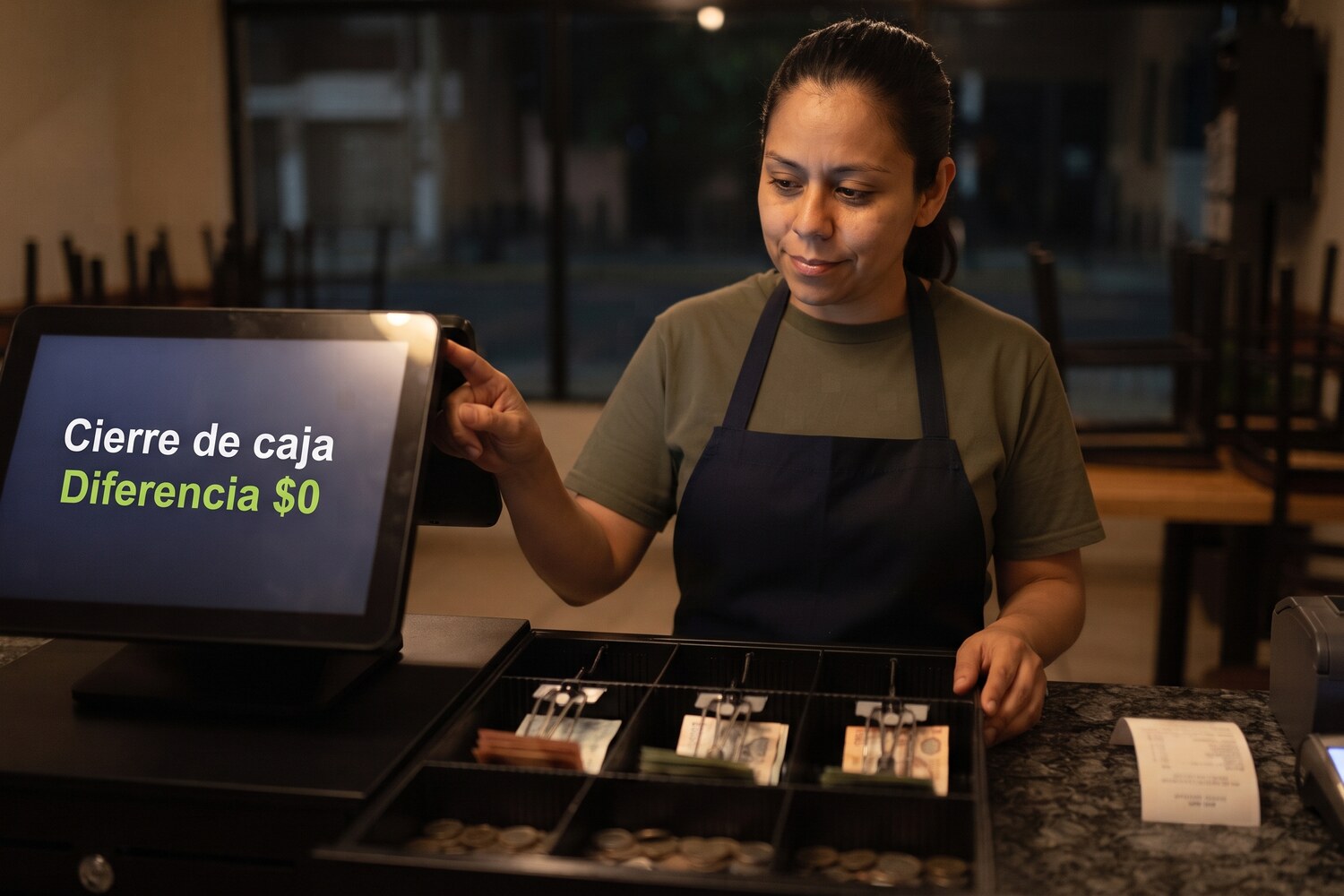 La cajera toca la pantalla del POS, que muestra el cierre de caja con una diferencia de cero