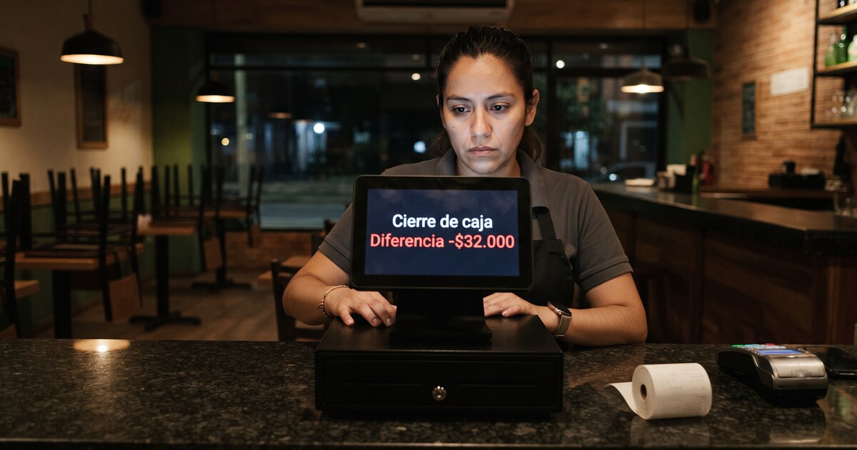 Una cajera mira la pantalla del POS al cierre: el informe marca una diferencia de 32.000 pesos
