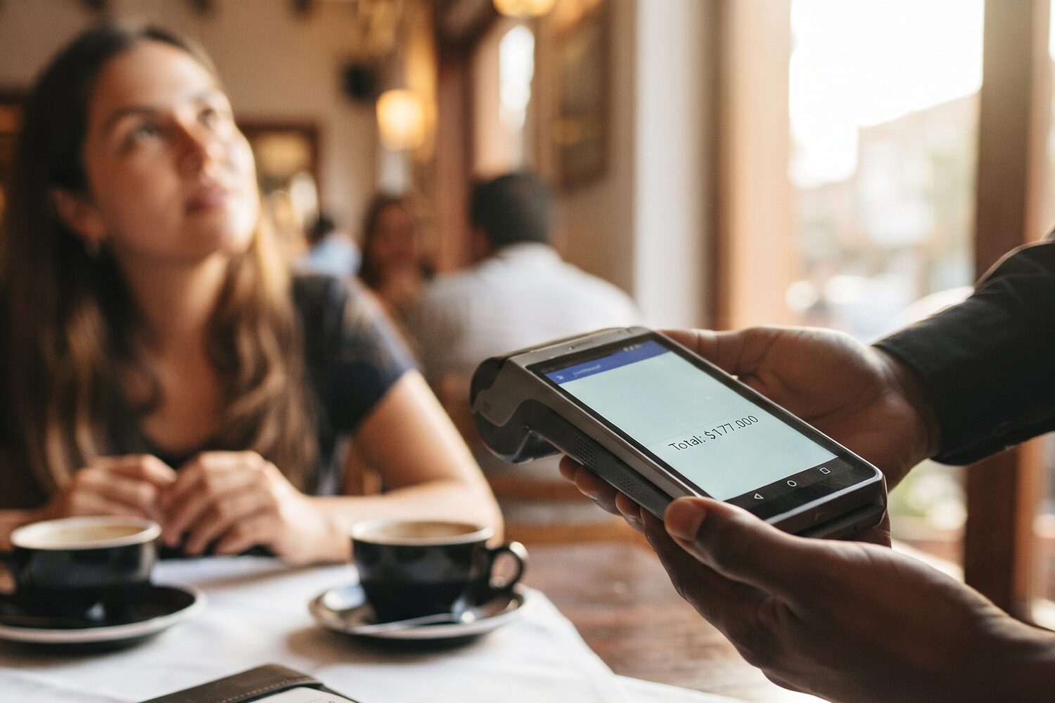 Un mesero sostiene el datáfono frente a una comensal; en la pantalla se lee «Total: $177.000»