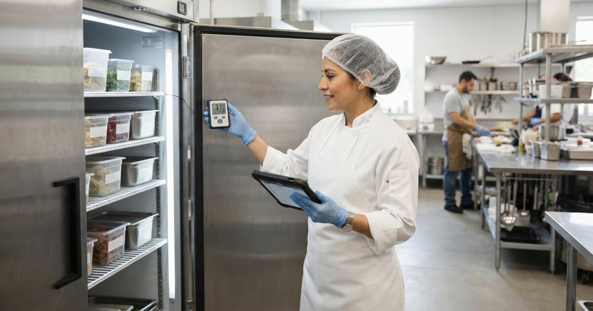 Una jefa de cocina revisa el termómetro de un refrigerador mientras sostiene una tablet